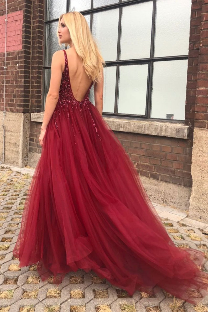 Burgundy v neck tulle beads long prom dress, burgundy evening dress shdress Burgundy v neck tulle beads long prom dress, burgundy evening dress shdress