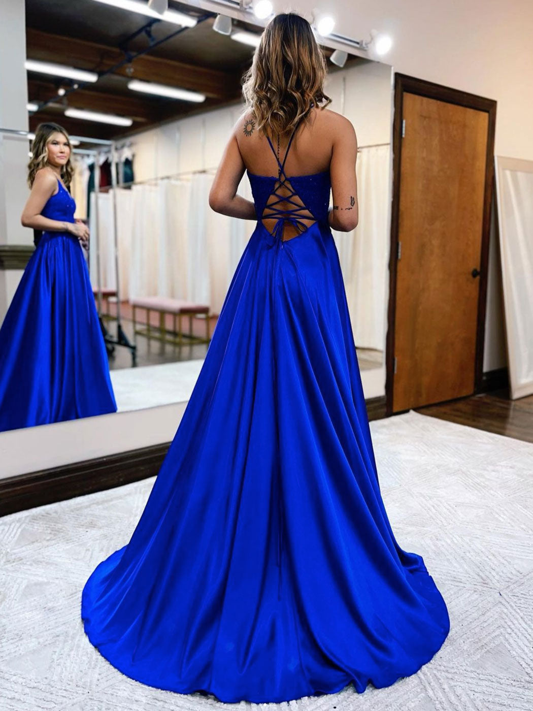 
                  
                    Blue v neck satin lace long prom dress, blue evening dress
                  
                