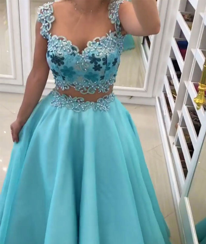 Blue sweetheart two pieces long prom dress, blue evening dress - shdress