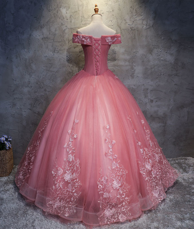 
                  
                    Pink sweetheart tulle lace applique long prom gown, sweet 16 dress - shdress
                  
                