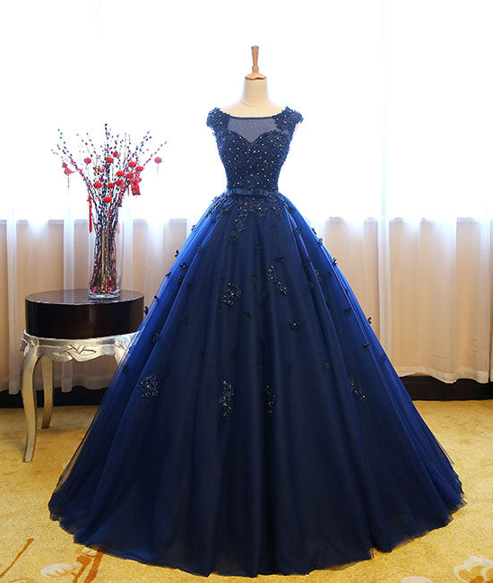 Dark blue tulle lace long prom dress, dark blue sweet 16 dress shdress Dark blue tulle lace long prom dress, dark blue sweet 16 dress shdress