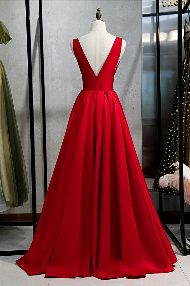 
                  
                    Red v neck satin long prom dress simple red evening dress
                  
                