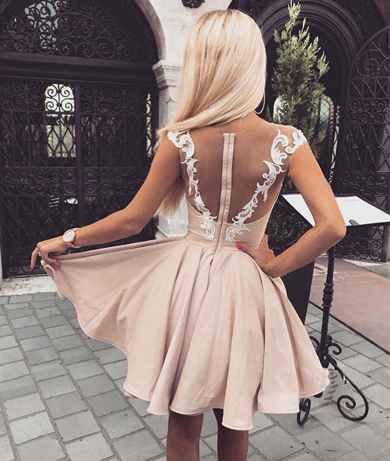 Cute pink lace short prom dress, pink homecoming dress – shdress
