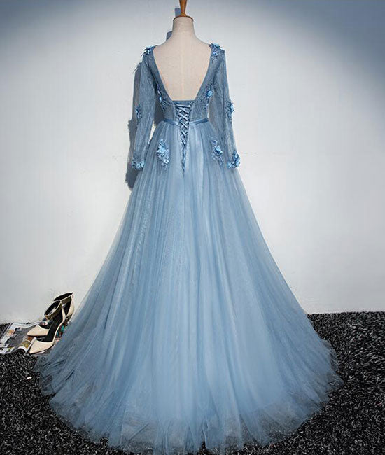 
                  
                    Blue v neck tulle lace long prom dress, tulle evening dress - shdress
                  
                