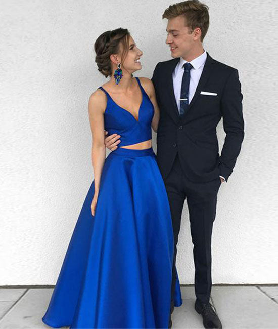 
                  
                    Simple two pieces blue satin long prom dress, blue evening dress - shdress
                  
                