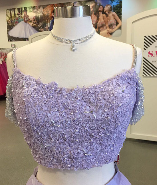 Purple tulle two pieces lace long prom dress, purple evening dress - shdress