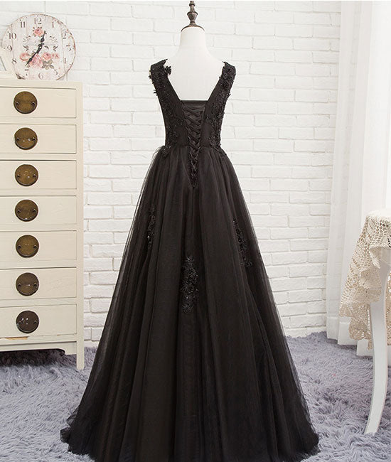 
                  
                    Black round neck tulle lace long prom dress, black evening dress - shdress
                  
                