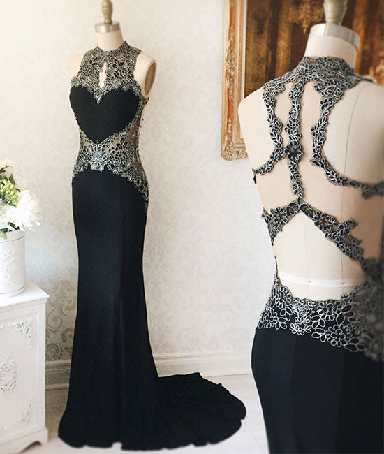 Black lace mermaid long prom dress, black evening dress - shdress