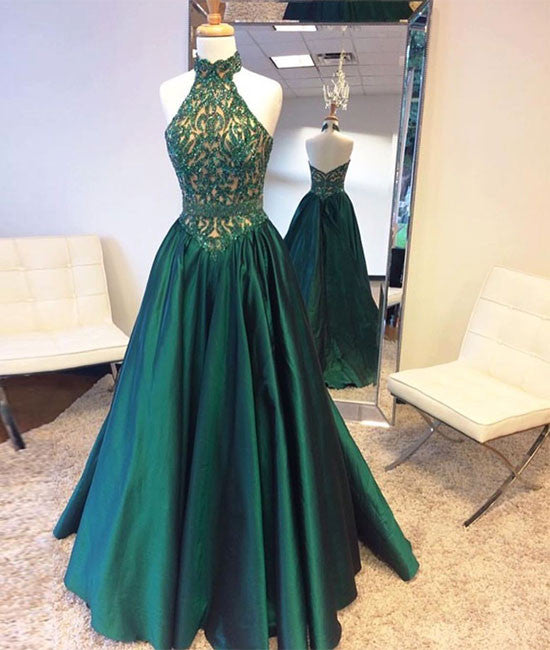 Green high neck long prom dress, green evening dress - shdress