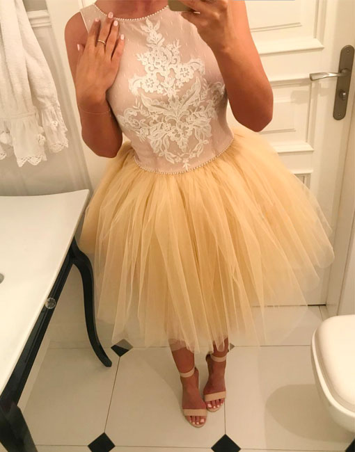 
                  
                    Champagne lace tulle short prom dress, champagne homecoming dress - shdress
                  
                