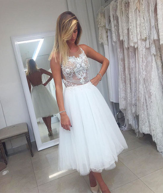 White tulle lace short prom dress, white homecoming dress - shdress