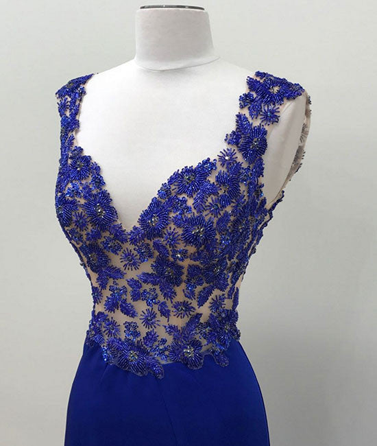 Royal blue v neck mermaid long prom dress, blue formal dress - shdress