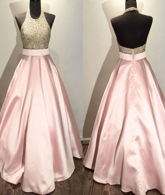 Pink round neck sequin long prom gown, pink evening dress for teens - shdress