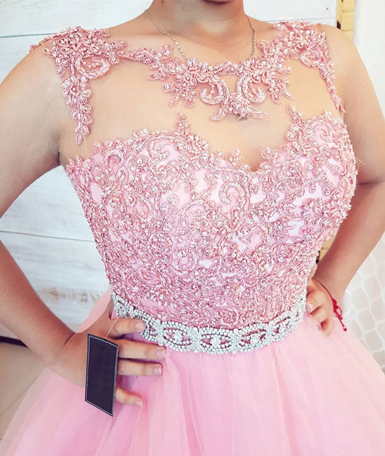Pink round neck tulle lace long prom dress. pink evening dress - shdress