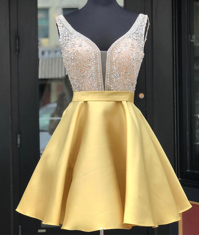 
                  
                    Yellow v neck sequin short prom dress, yellow homecoming dress
                  
                