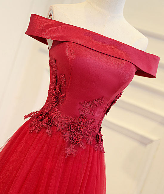 Simple red tulle lace applique long prom dress, red evening dress - shdress