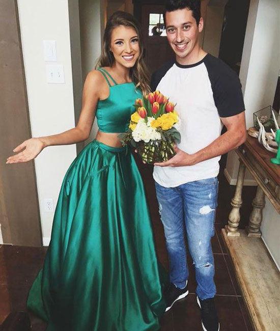 Green satin two pieces long prom dress, green evening dress - shdress
