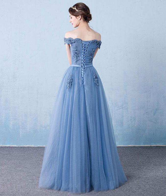 Elegant tulle lace applique long prom dress, blue evening dress - shdress
