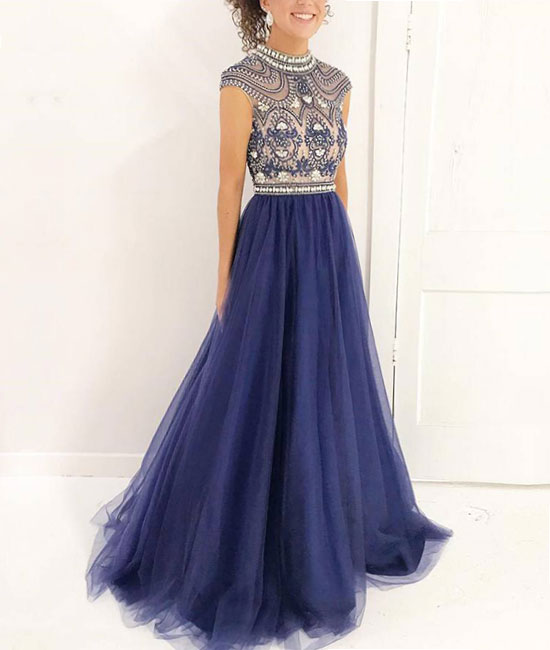 Blue A-line beads tulle long prom dress, blue evening dress shdress Blue A-line beads tulle long prom dress, blue evening dress shdress