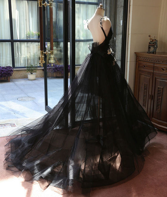 black v neck tulle long prom dress, black evening dress - shdress
