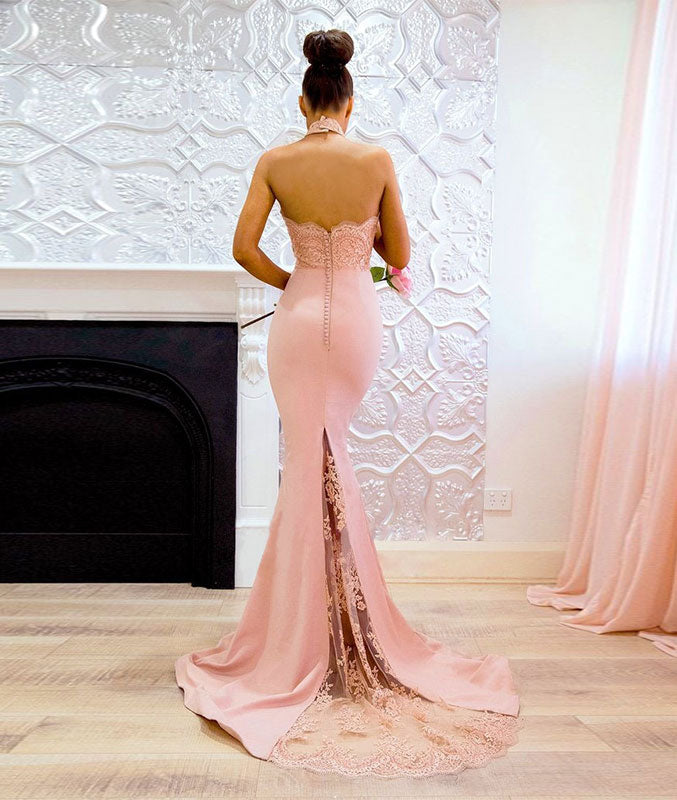 Pink lace mermaid long prom dress, pink bridesmaid dress - shdress