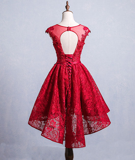 Cute burgundy lace short prom dress, burgundy homecoming dress - shdress