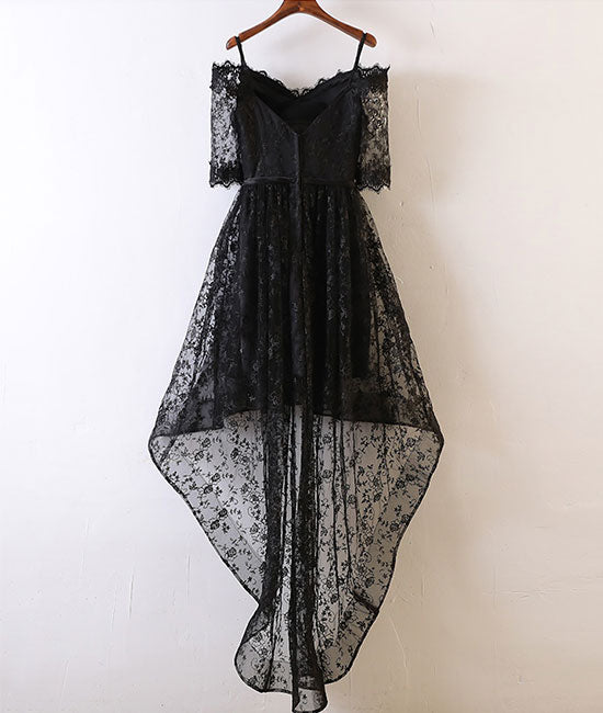 Black lace high low prom dress, black lace evening dress - shdress