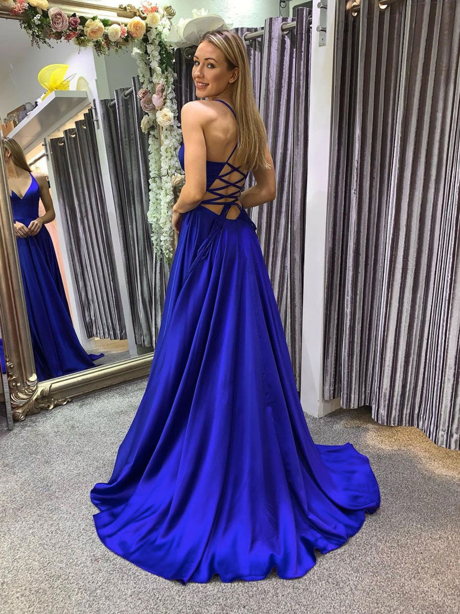 Simple A line blue long prom dress, backless blue evening dress shdress Simple A line blue long prom dress, backless blue evening dress shdress