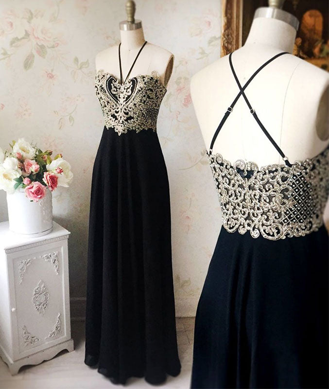 Black chiffon lace long prom dress, black evening dress - shdress