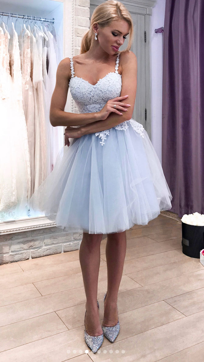Blue tulle sweetheart neck lace short prom dress, blue evening dress - shdress