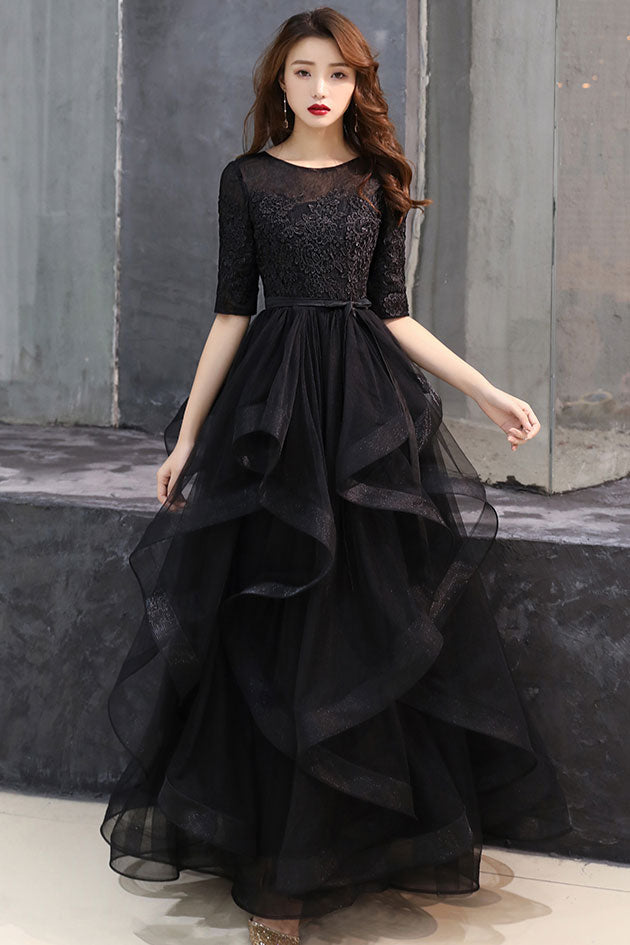 Black round neck tulle lace long prom dress, black formal dress shdress Black round neck tulle lace long prom dress, black formal dress shdress