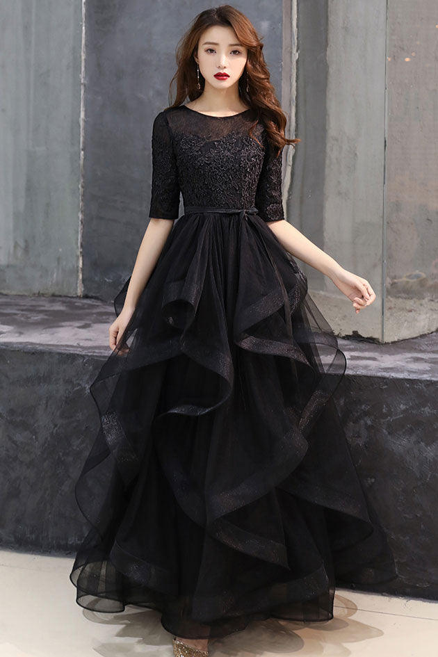
                  
                    Black round neck tulle lace long prom dress, black formal dress
                  
                