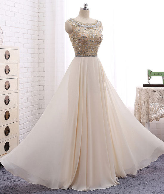 Champagne round neck chiffon beads long prom dress, champagne evening dress - shdress