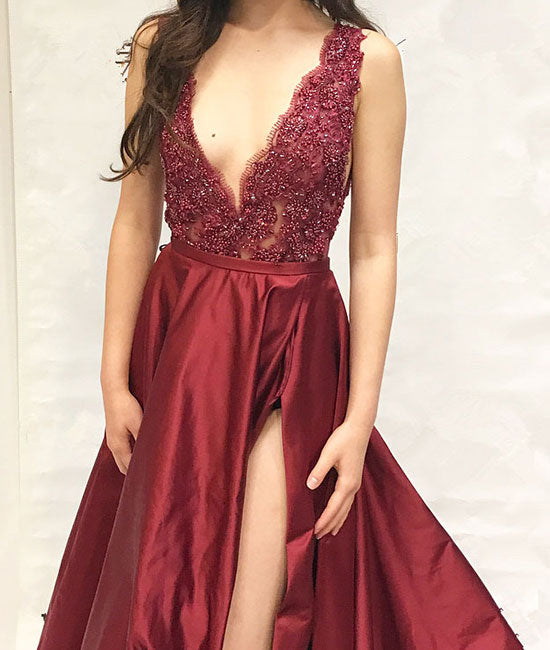 
                  
                    Burgundy v neck lace applique long prom dress, burgundy evening dress - shdress
                  
                