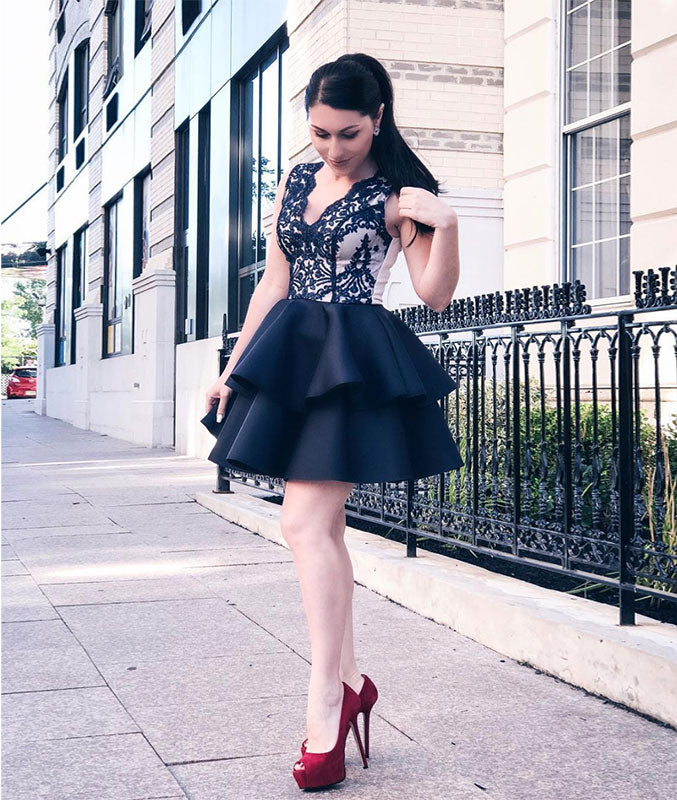Dark blue satin lace short prom dress, dark blue homecoming dress shdress Dark blue satin lace short prom dress, dark blue homecoming dress shdress