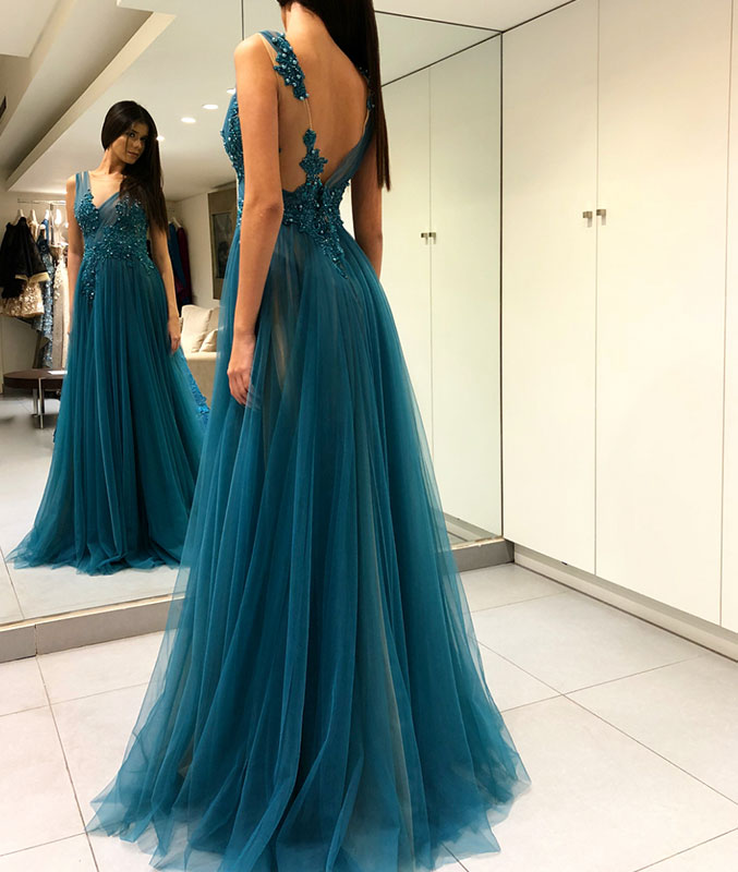 Green v neck tulle long prom dress, green lace evening dress - shdress