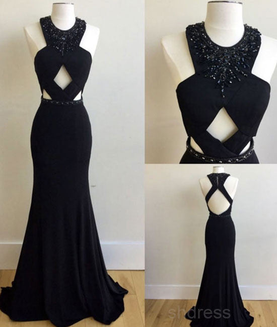Unique black mermaid long prom dress, black formal dress for teens - shdress