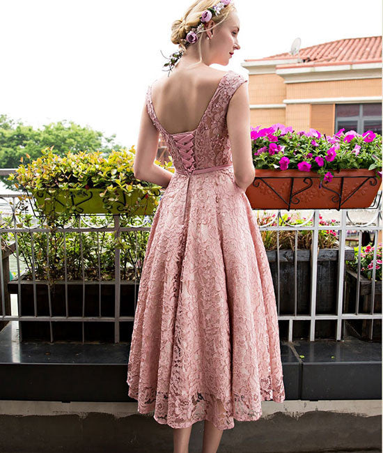 Pink round neck lace short prom dress,lace bridesmaid dress - shdress