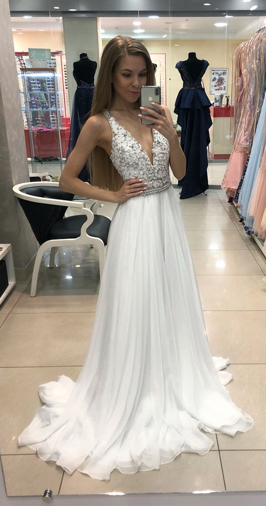 White v neck chiffon lace long prom dress, white evening dress – shdress