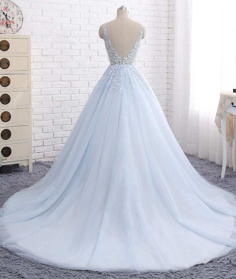 
                  
                    Blue v neck tulle lace long prom dress, blue evening dress - shdress
                  
                
