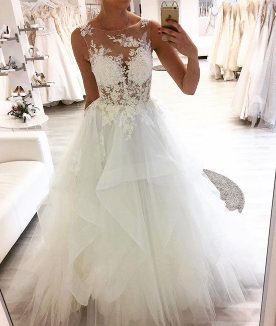 White round neck tulle lace long prom dress, white tulle wedding dress - shdress