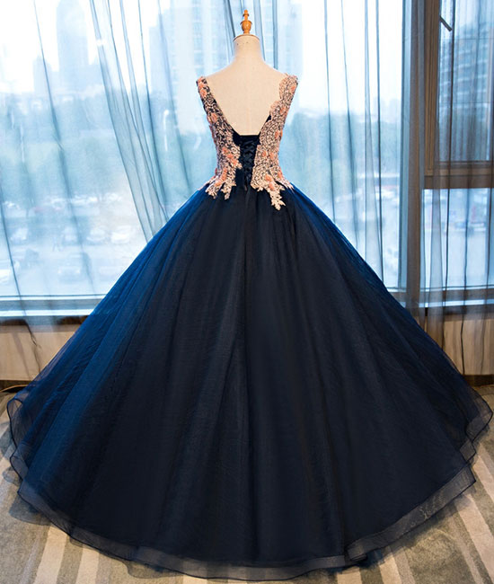 
                  
                    Dark blue v neck satin lace long prom gown ,dark blue evening dress - shdress
                  
                