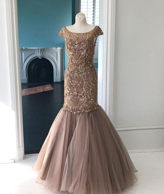 Unique round neck tulle sequin beads mermaid long prom dress, champagne evening dress - shdress