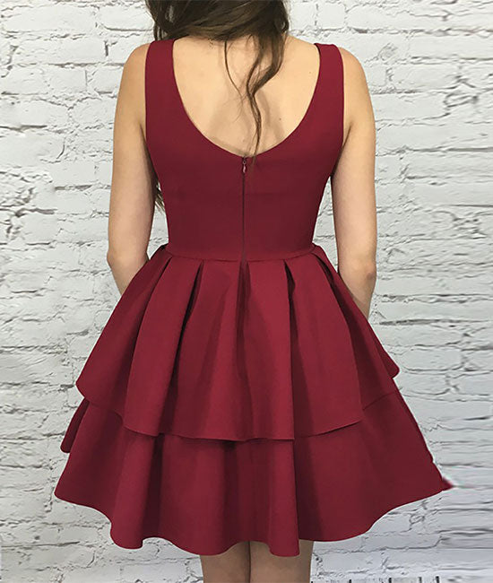 Simple burgundy v neck short prom dress, burgundy homecoming dress - shdress