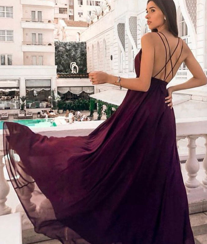 
                  
                    Simple burgundy chiffon long prom dress, burgundy evening dress - shdress
                  
                