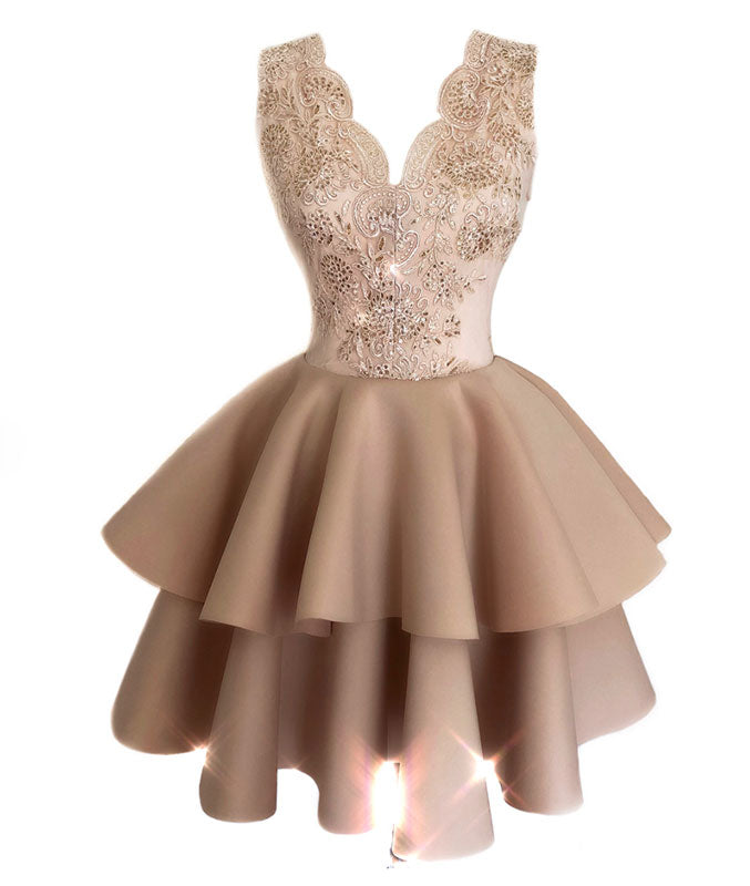 
                  
                    Champagne lace satin short prom dress, lace homecoming dress - shdress
                  
                