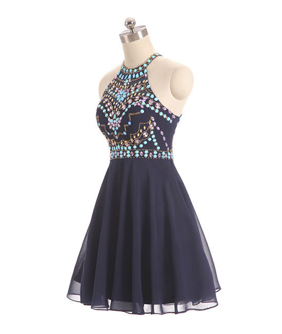 Dark blue beads short prom dress, cute dark blue homecoming dress shdress Dark blue beads short prom dress, cute dark blue homecoming dress shdress
