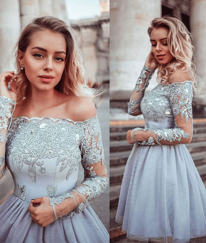 Gray lace tulle short prom dress, gray lace tulle homecoming dress - shdress
