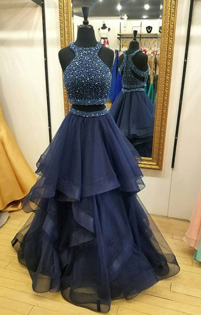 
                  
                    Dark blue two pieces beads long prom dress, formal dress - shdress
                  
                
