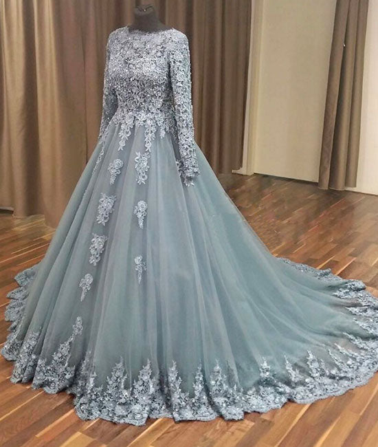 Gray tulle lace applique long prom dress, gray evening dress - shdress